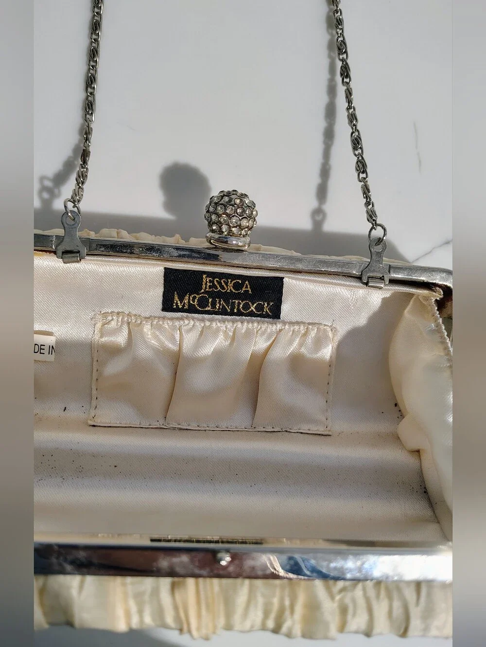 Y2K Jessica McClintock VTG Ivory Evening Bag, Rhinestone Clasp Clutch Crossbody